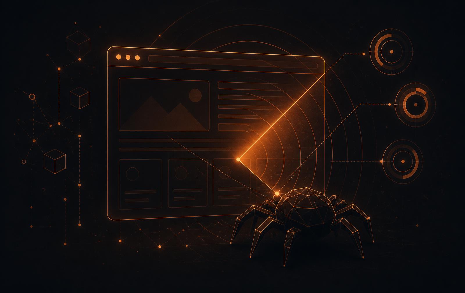 Illustration of a website being scanned by an AI crawler with score rings